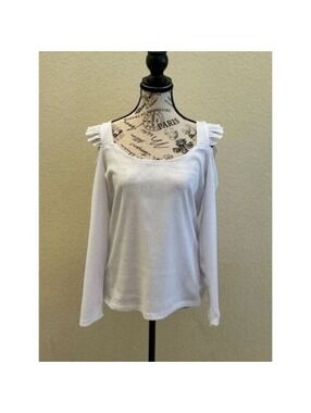 White Ruffle Trim Cold Shoulder Ribbed Knit Tee | Extra Large  #0134